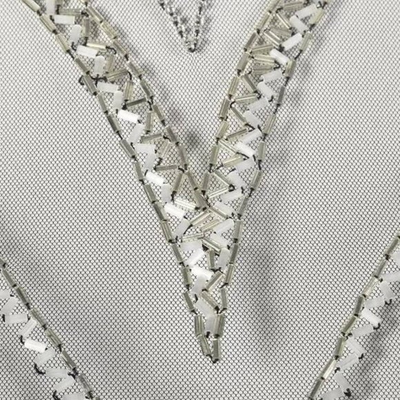 Bob Mackie Art Deco Gown Mandarin Neck Black Sheer Mesh, Deep V Plunge Beaded, - Picture 9 of 12